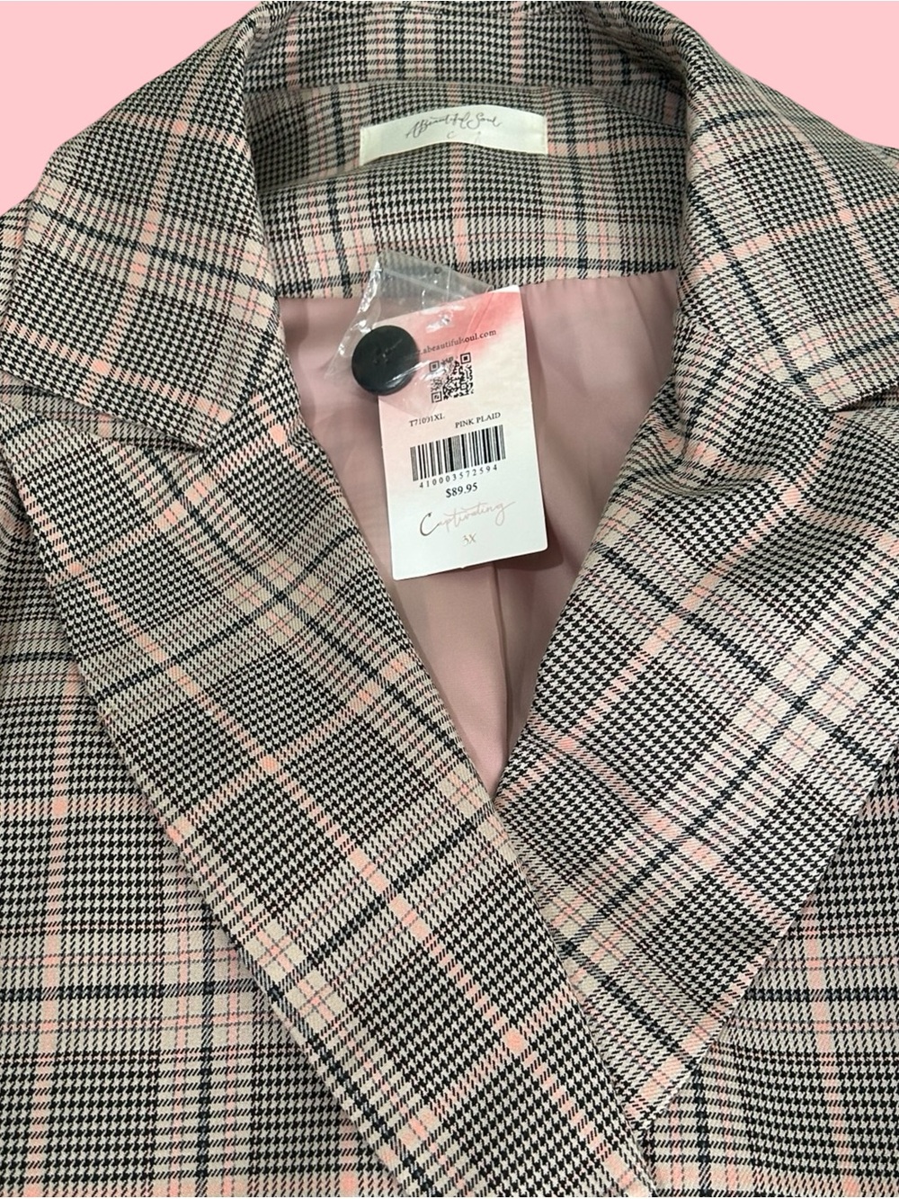 Plaid Double-Breasted Blazer Jacket in Pink and Gray.Boss Lady Blazer! Size 3X. - Picture 5 of 16